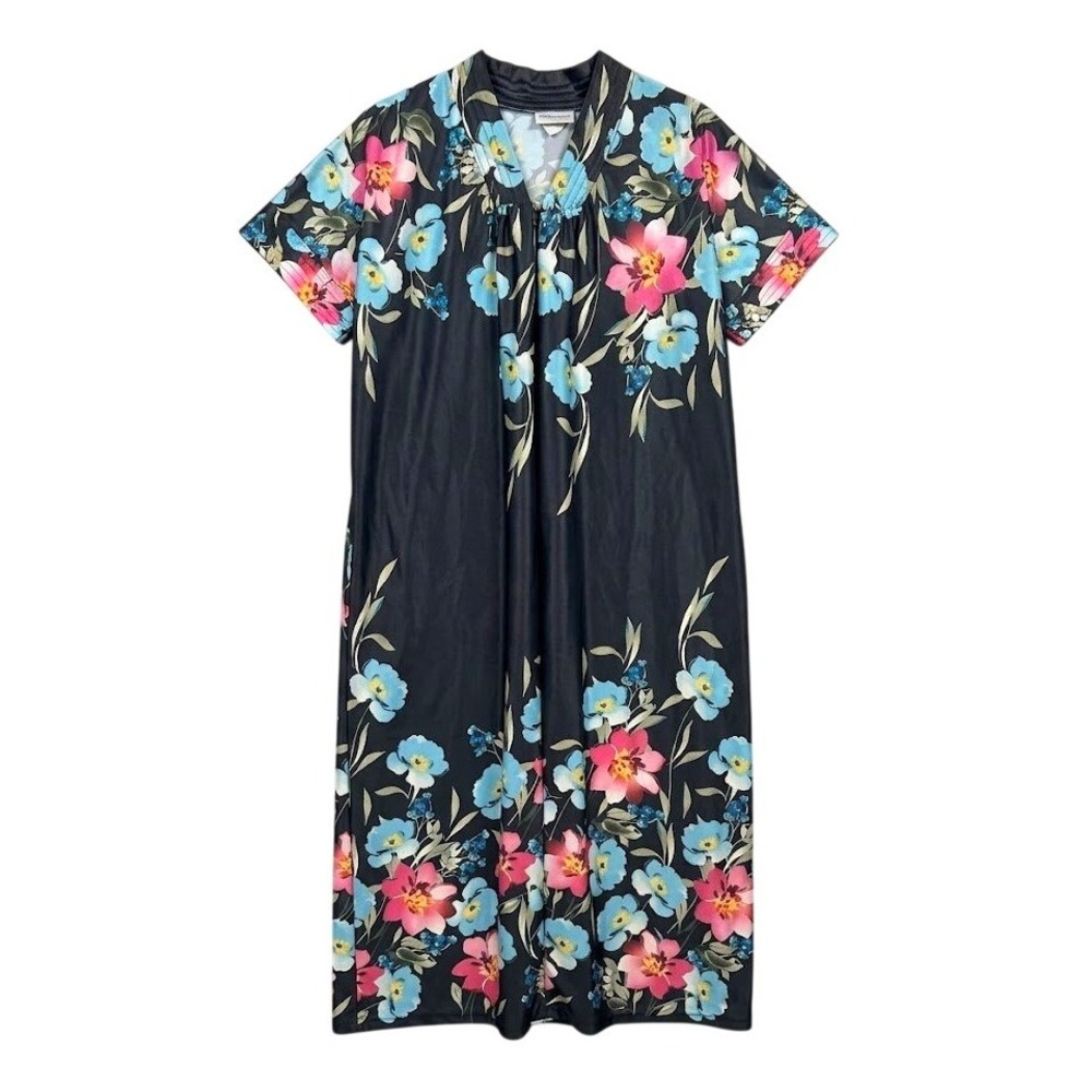 Black Floral Zipper Front Duster House Dress Loungewear Nightgown MEDIUM